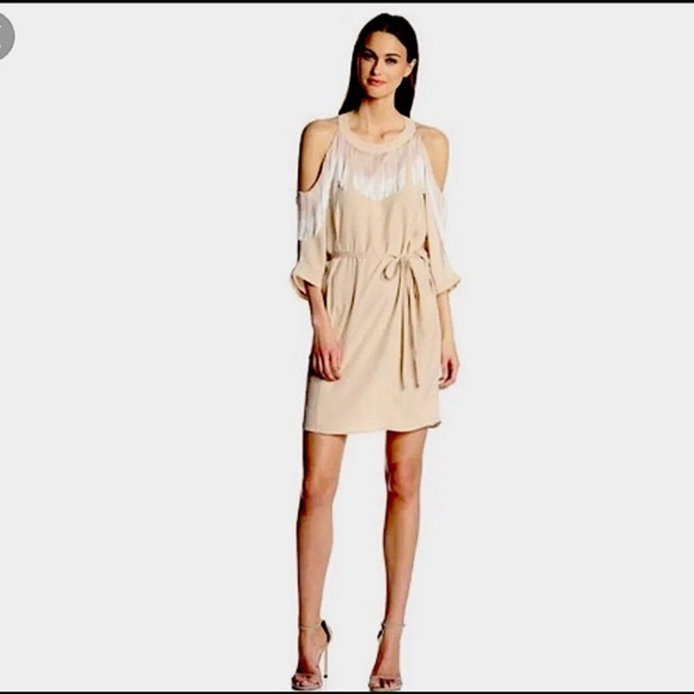 NWOT BCBGeneration Sz S Ombré Fringe Off Shoulder Dress Nude Tan Fits size S-M
